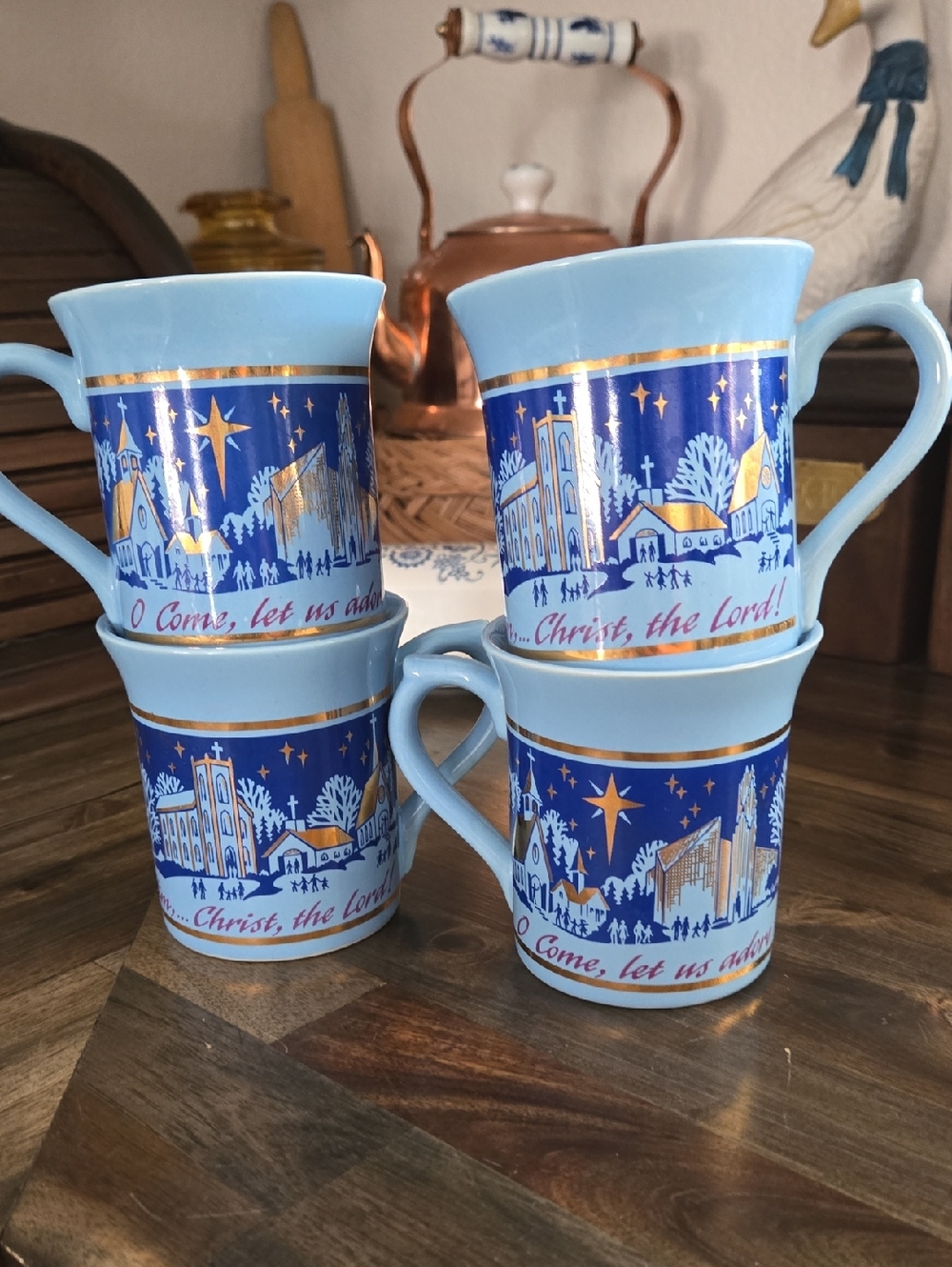 Christian Blue Holiday Church Scene Mugs - Set of 4